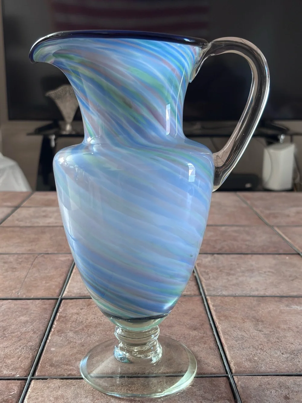 Hand-Blown Art Glass Pitcher Vase | Blue White Green Swirl Stripes 10 3/4 Inches